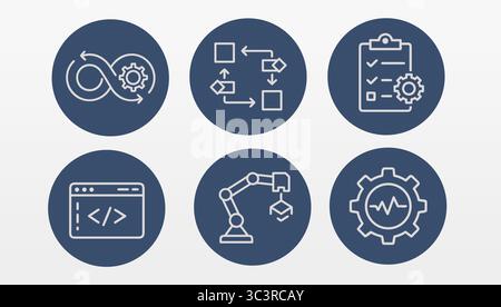 Process automation workflow icon set. Circular graphic depicts process. Business technology engineering production operation. Dark blue background rou Stock Vector