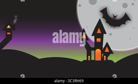Spooky Halloween scene with haunted house bat flying across full moon and glowing windows on a purple green gradient sky Stock Vector