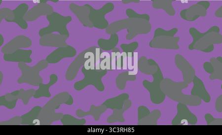 Green and gray camouflage shapes arranged over vibrant purple background creating modern abstract military pattern Stock Vector