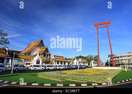 Bangkok, Thailand- 28 September 2019: Stunning landmark of Bangkok consist of Wat Suthat Thepwararam Ratchaworamahawihan and Giant Swing (Sao Chingcha Stock Photo