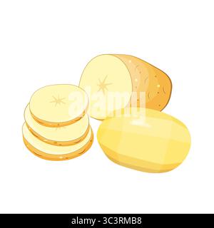 set of whole peeled potatoes, sliced, wedges, isolated on white background. Stock Vector