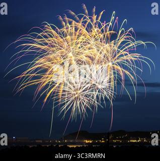 Bright, atmospheric, splendid and intense fireworks display with many illuminated sheaves for the Heligoland island festival in red and gold over the Stock Photo
