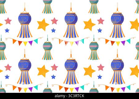 Diwali, colorful seamless pattern, with festive lanterns and garlands. Vector illustration. Stock Vector