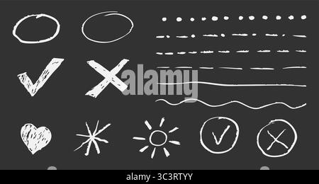 Brush drawn ellipses textured underline check marks highlight text. Chalk drawing on blackboard, school hand drawn scribble set. Vector illustration Stock Vector
