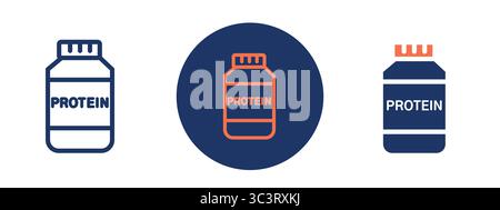 Three bottles of protein powder are shown in a row. The bottles are blue and orange. Concept of health and fitness Stock Vector