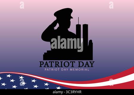 Wavy Flag and Saluting Soldier Silhouette for Patriot Day Memorial Stock Vector