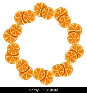 Oranges, round frame with simple abstract fruits. Fruit pieces, natural products. Orange wreath, empty summer background with space for text. Stock Vector