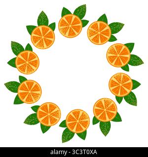 Oranges, round frame with simple abstract fruits and leaves. Fruit pieces, natural products. Orange wreath, empty summer background Stock Vector