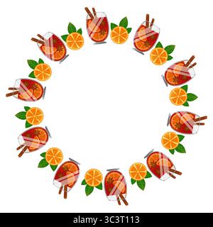 Round frame mulled wine and oranges. Wreath of glasses filled with red drink for greeting cards, decor, wedding invitations, posters, branding Stock Vector