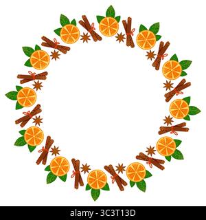 Oranges, round frame with simple abstract fruits and cinnamon. Fruit pieces, natural products. Orange wreath, empty summer background Stock Vector