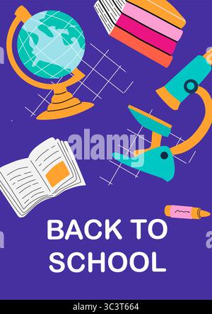 Back to school: globe, books, microscope, and crayon on purple background. Educational school poster featuring books, pencils, and vibrant school item Stock Vector