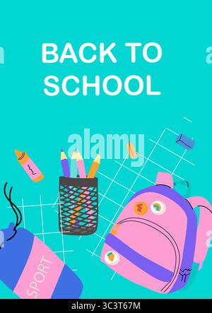 Back to school essentials with pink backpack and stationery on blue background. Educational back-to-school poster featuring books, pencils, and vibran Stock Vector