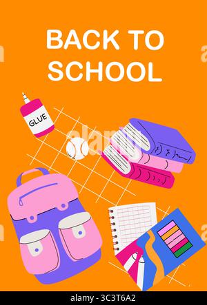 Bright back to school supplies with backpack and books on orange background. Educational school poster featuring books, pencils, and vibrant school it Stock Vector