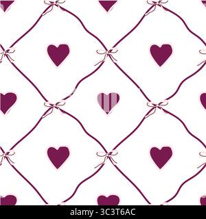 Seamless pattern with purple hearts and ribbons on white background. Cute romantic elements on diagonal grid background Stock Vector