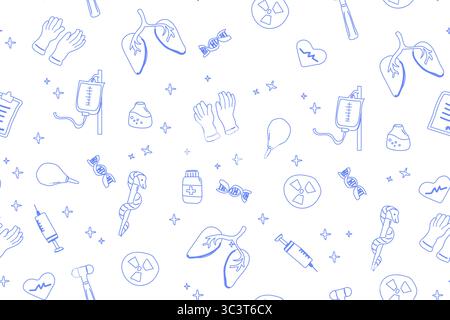 Seamless blue medical pattern: healthcare symbols with gloves, syringes, lungs, and medicine. Stock Vector