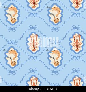 Seamless lobster and shrimp pattern with nautical elements on light blue background. Stock Vector