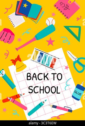 Colorful back to school supplies on yellow background with stationery and sports equipment. Stock Vector