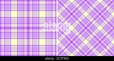 Pastel purple and yellow plaid patterns. Two seamless textures, one classic, one diagonal, ideal for textile design, scrapbooking, website backgrounds Stock Vector