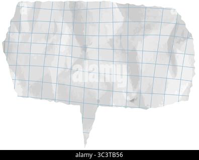 Wrinkled and crumpled torn paper rectangle shape speech bubble with square grid. Comic-style chat tag and note texture ideal for school cutout Stock Vector
