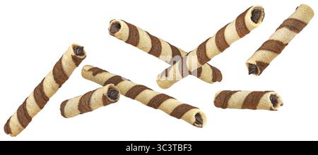 Waffle rolls, striped chocolate and vanilla wafer sticks isolated Stock Photo