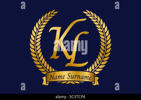 Initial letter K and L, KL monogram logo design with laurel wreath. Luxury golden emblem with calligraphy font. Stock Vector