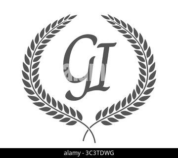 Initial letter G and I, GI monogram logo design with laurel wreath. Luxury emblem with calligraphy font. Stock Vector