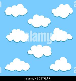 White clouds with a shadow set design elements. Eight different clouds nature weather collection. Stock Vector