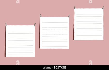 Three white lined paper sheets notes with pins blank design template on pink background Stock Vector