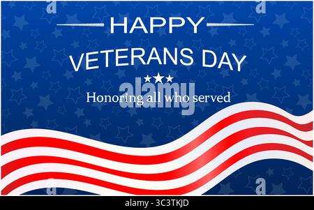Happy Veteran's Day banner with American flag ribbon greeting card vector design template Stock Vector