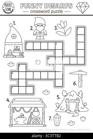 Vector dwarf crossword puzzle for kids. Black and white quiz with gnome, forest, mine, house, gems for children. Woodland educational cross word activ Stock Vector