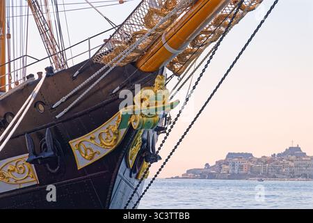 Golden figurehead on Nave Palinuro at anchor in Corfu, Greece. Sail training vessel for the Italian Navy. Palinuro is a three-masted barquentine. Stock Photo
