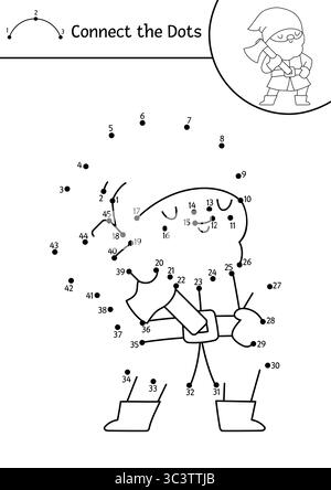 Vector dwarf dot-to-dot and color activity. Fantasy forest connect the dots game for children with gnome with axe. Magic woods coloring page for kids. Stock Vector
