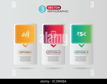 Three, 3-Step Editable Infographic Template with icon for Marketing, Strategy, Presentations, Reports, Workflow and Data Visualization Stock Vector