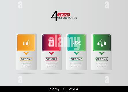 Four, 4-Step Editable Infographic Template with icons for Marketing, Strategy, Presentations, Reports, Workflow and Data Visualization Stock Vector