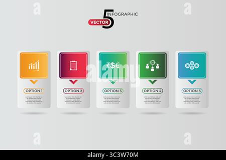Five, 5-Step Editable Infographic Template with icon for Marketing, Strategy, Presentations, Reports, Workflow and Data Visualization Stock Vector