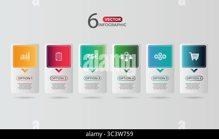 6, Six-Step Editable Infographic Template with icon for Marketing, Strategy, Presentations, Reports, Workflow and Data Visualization Stock Vector
