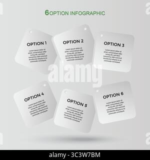 6, Six-Step Editable Infographic Template for Marketing, Strategy, Presentations, Reports, Workflow and Data Visualization in white square Stock Vector