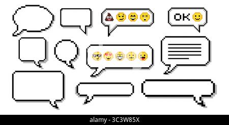 Set of pixel dialogue boxes different shapes. Chat speech bubbles, flash message frames with text or empty dialog communication box in 8 bit retro sty Stock Vector