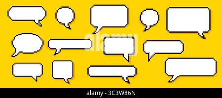 Set of pixel dialogue boxes different shapes. Chat speech bubbles, flash message frames with text or empty dialog communication box in 8 bit retro sty Stock Vector