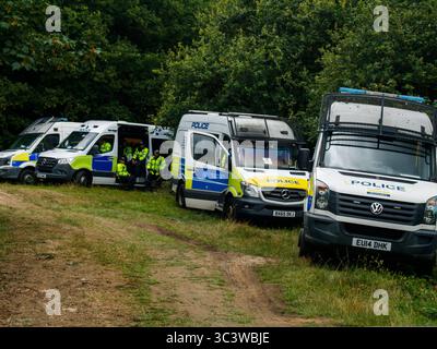 Epping, UK. 27th July, 2025. Large police presence from forces across the United Kingdom can be seen in Epping on mutual aid. Credit: Alex Day/Alamy Live News Stock Photo