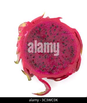 red / pink dragon fruit with black seeds and a green peel, called hylocereus costaricensis, photographed on a white background and a full frame camera Stock Photo