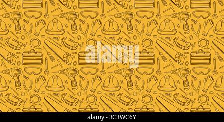 Seamless pattern of hand drawn construction repair tool and safety equipment on yellow background. Perfect for industrial theme, engineering project Stock Vector