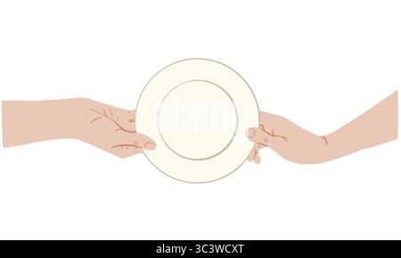 Human hands holding plate top vector flat illustration on white background. Two people pass a plate to each other. Hand gesture and cooking illustrati Stock Vector