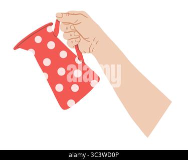Female hand holding red jug with polka dots pattern. Flat vector garden illustration isolated on white background Stock Vector