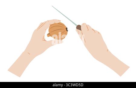Human hands holding onion and knife for cutting vegetables, cooking food vector flat illustration top view. Gestures illustration for menu, cafe, temp Stock Vector