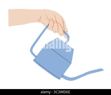 Home garden illustration with female hand holding watering can, watering plants, human gesture flat illustration Stock Vector