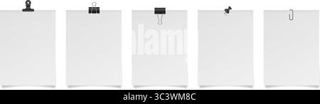 Set of large paper notes with binder clips, bulldog clip, paper clip and push pin. White sheets of paper. Black holders Stock Vector