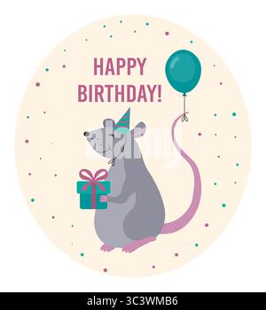 Happy birthday card. Cartoon mouse holing present and balloon. Vector illustration Stock Vector