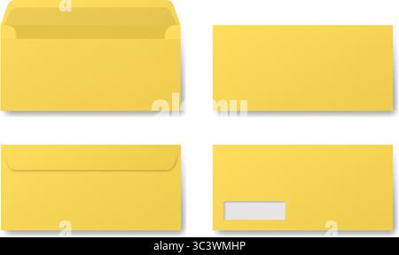 Yellow envelope mockup. Front and back side. Open and closed envelopes. Address window. Vector illustration Stock Vector