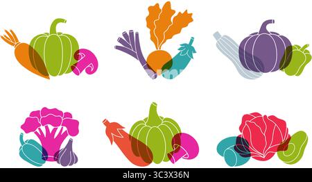 Vegetables color icon set. Natural vegetarian foods. Organic company logotype template. Vector illustration. Stock Vector